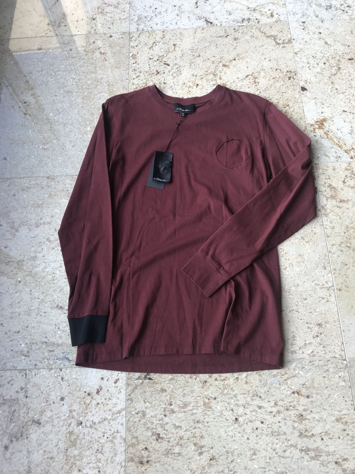 3.1 Phillip Lim Burgundy Contrast Single Cuff Black LS Tee Size US S / EU 44-46 / 1 - 2 Thumbnail