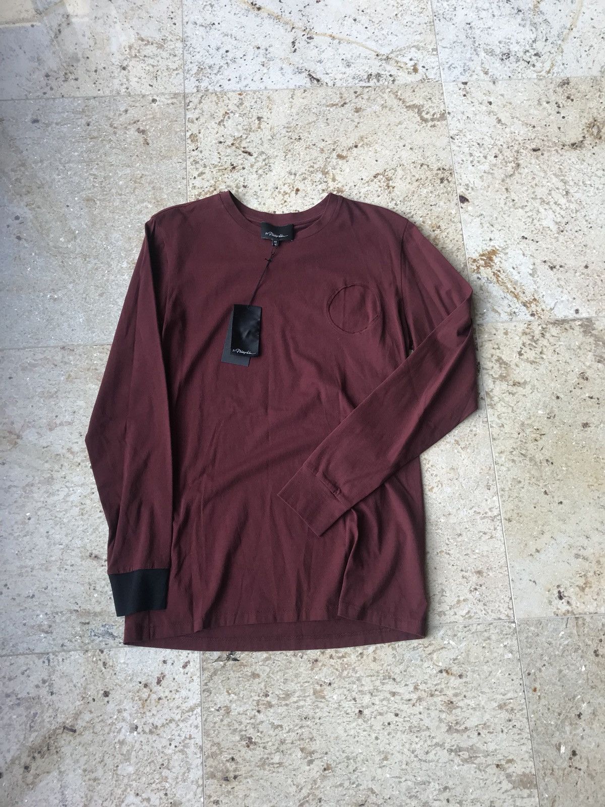 3.1 Phillip Lim Burgundy Contrast Single Cuff Black LS Tee Size US S / EU 44-46 / 1 - 1 Thumbnail
