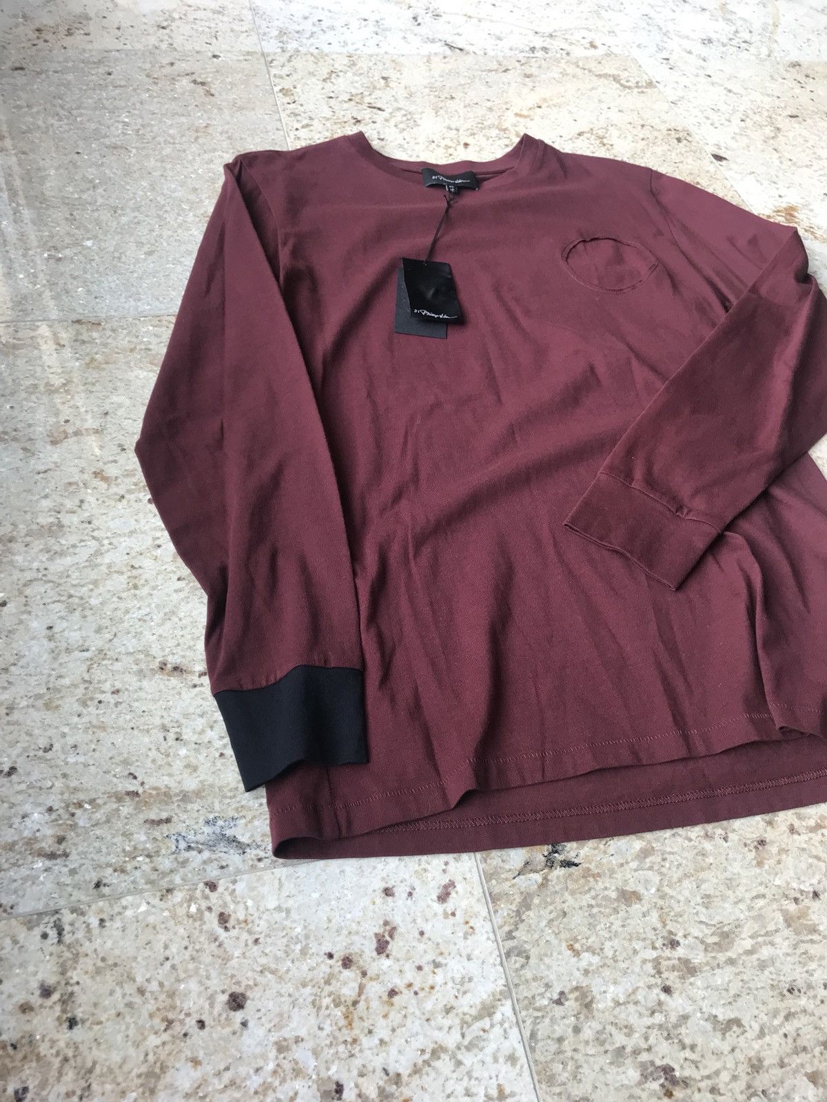 3.1 Phillip Lim Burgundy Contrast Single Cuff Black LS Tee Size US S / EU 44-46 / 1 - 4 Thumbnail