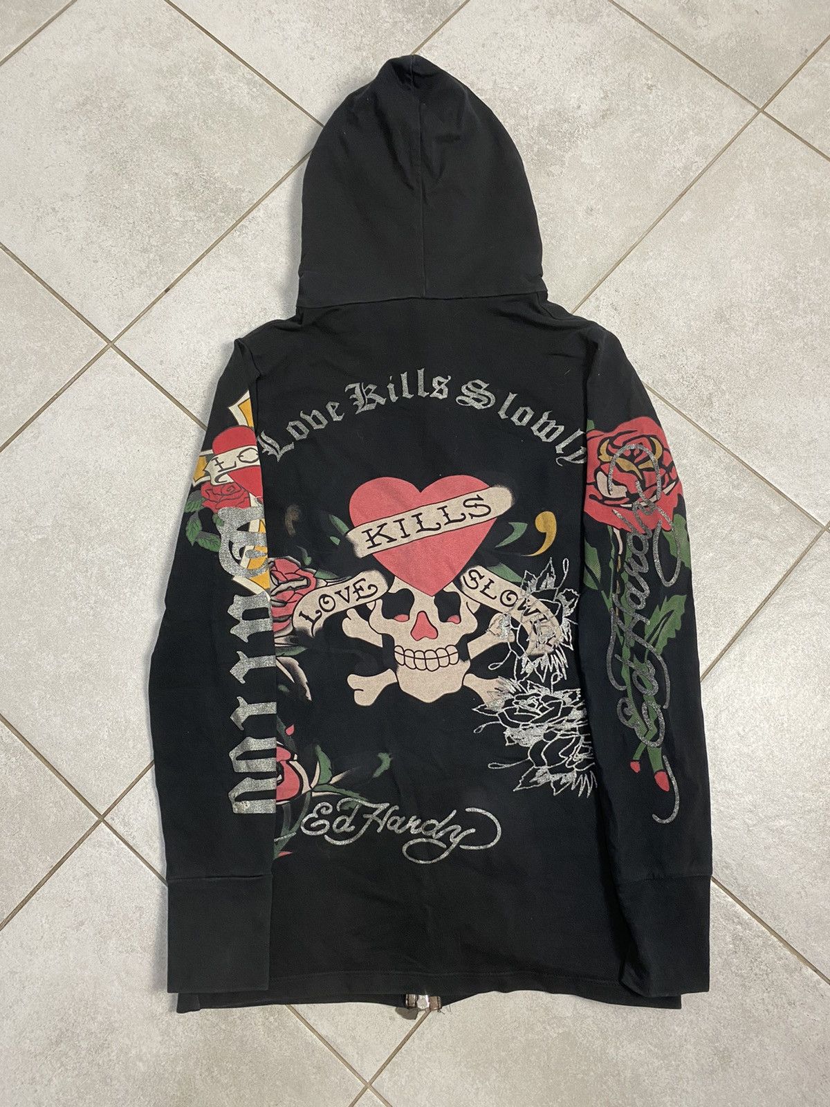 image of Vintage Ed Hardy Love Kills Slowly Wmns Small Long Hoodie in Black, Women's