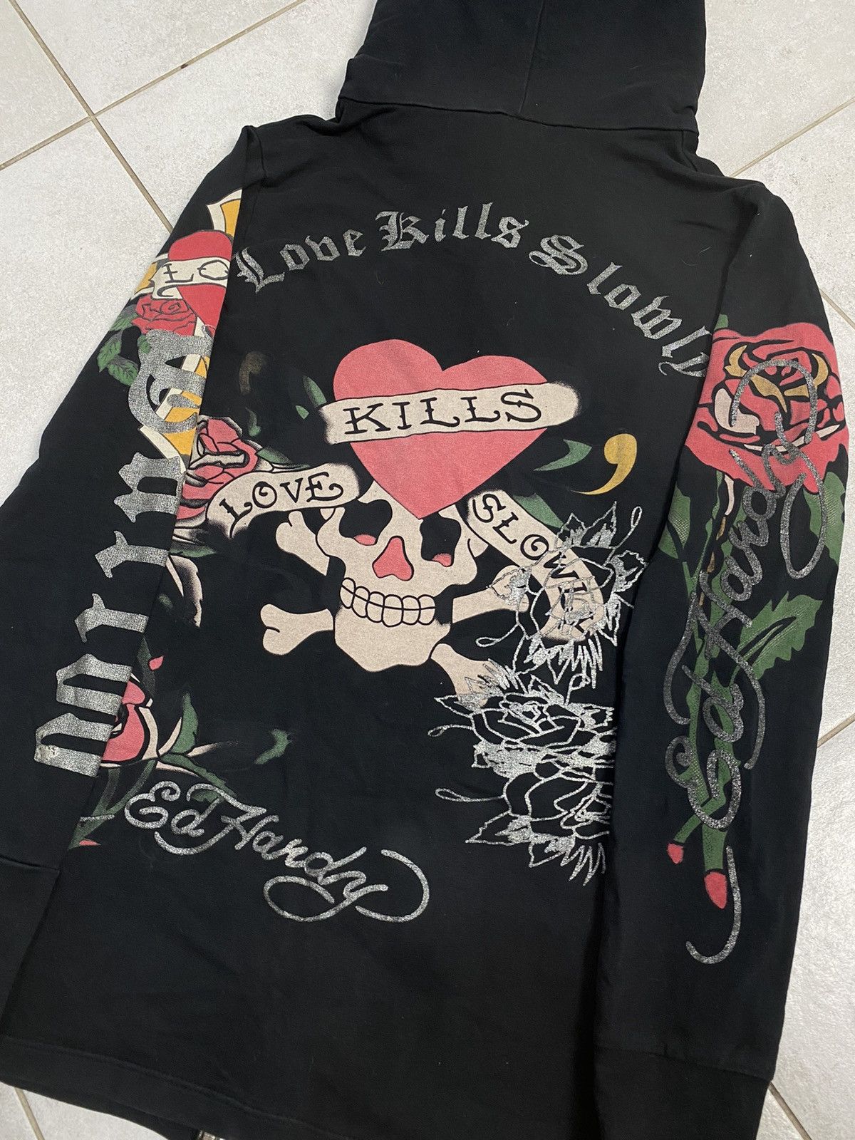 Ed Hardy Vintage Ed Hardy Love Kills Slowly WMNS Small long Hoodie Size ONE SIZE - 4 Thumbnail
