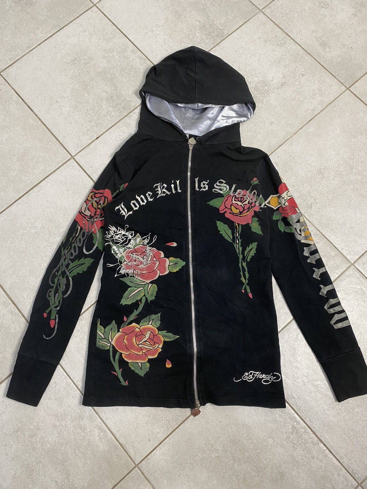 Ed Hardy Vintage Ed Hardy Love Kills Slowly WMNS Small long Hoodie Size ONE SIZE - 2 Thumbnail