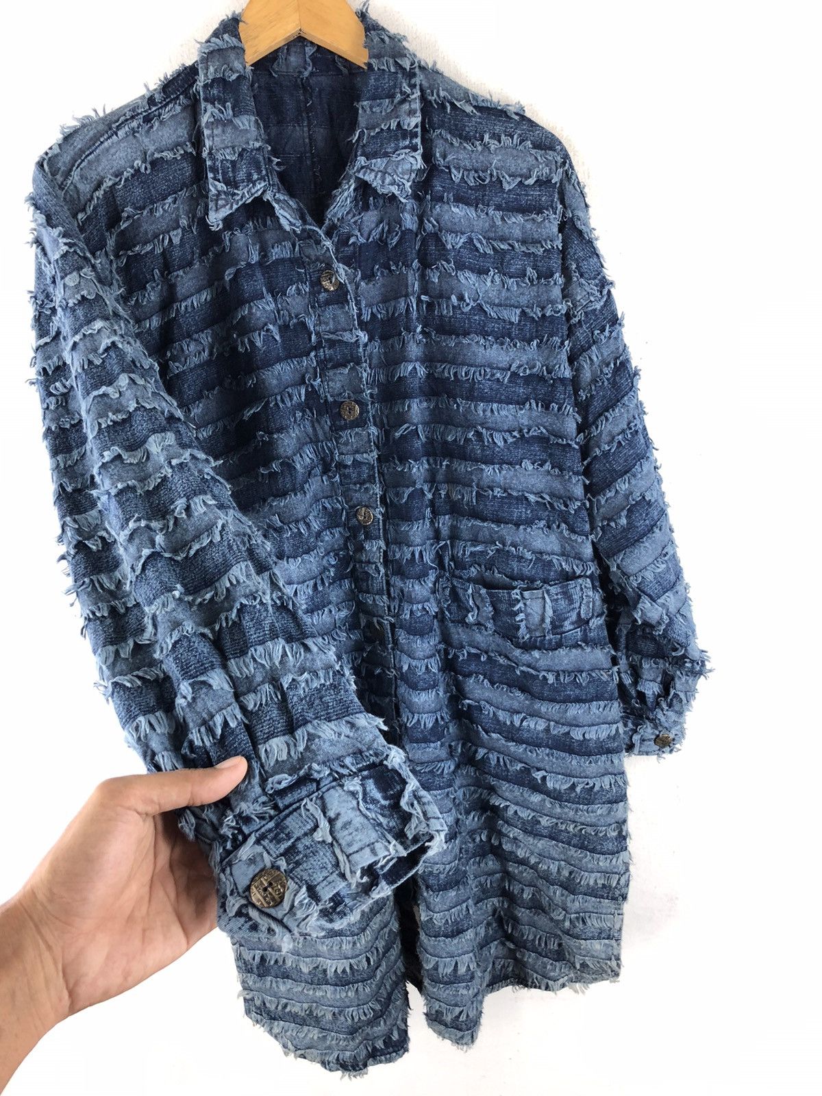 Indigo × Japanese Brand 🔥RARE VINTAGE INDIGO PATCWORK STRIPE LONG SHIRT JACKET Size US L / EU 52-54 / 3 - 6 Thumbnail