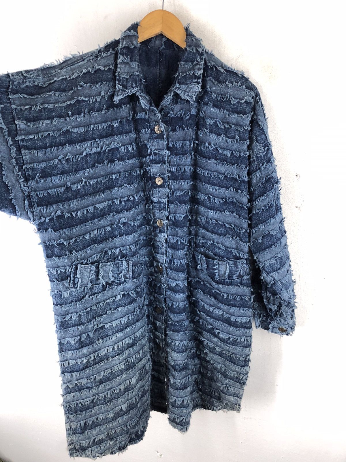 Indigo × Japanese Brand 🔥RARE VINTAGE INDIGO PATCWORK STRIPE LONG SHIRT JACKET Size US L / EU 52-54 / 3 - 4 Thumbnail