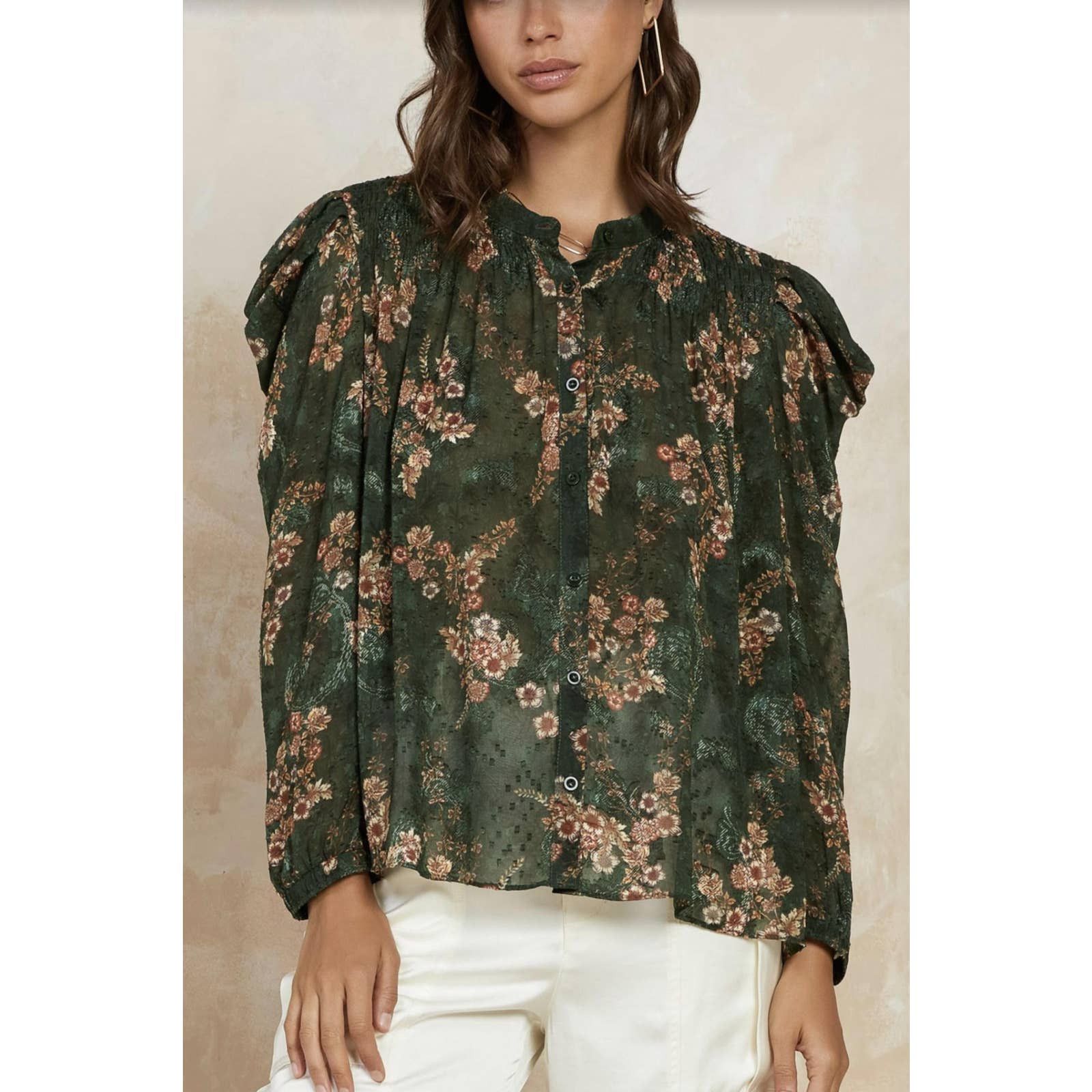 Current Air Smocked Bubble Shoulder Blouse In Forest Floral | Grailed