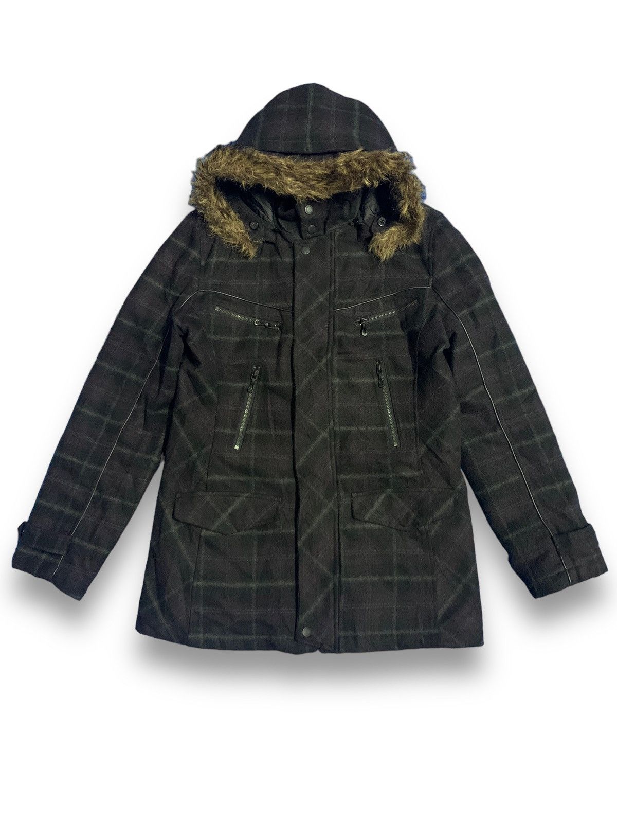 In The Attic Homme Plaid Tartan Faux Fur Hooded Punk Jacket