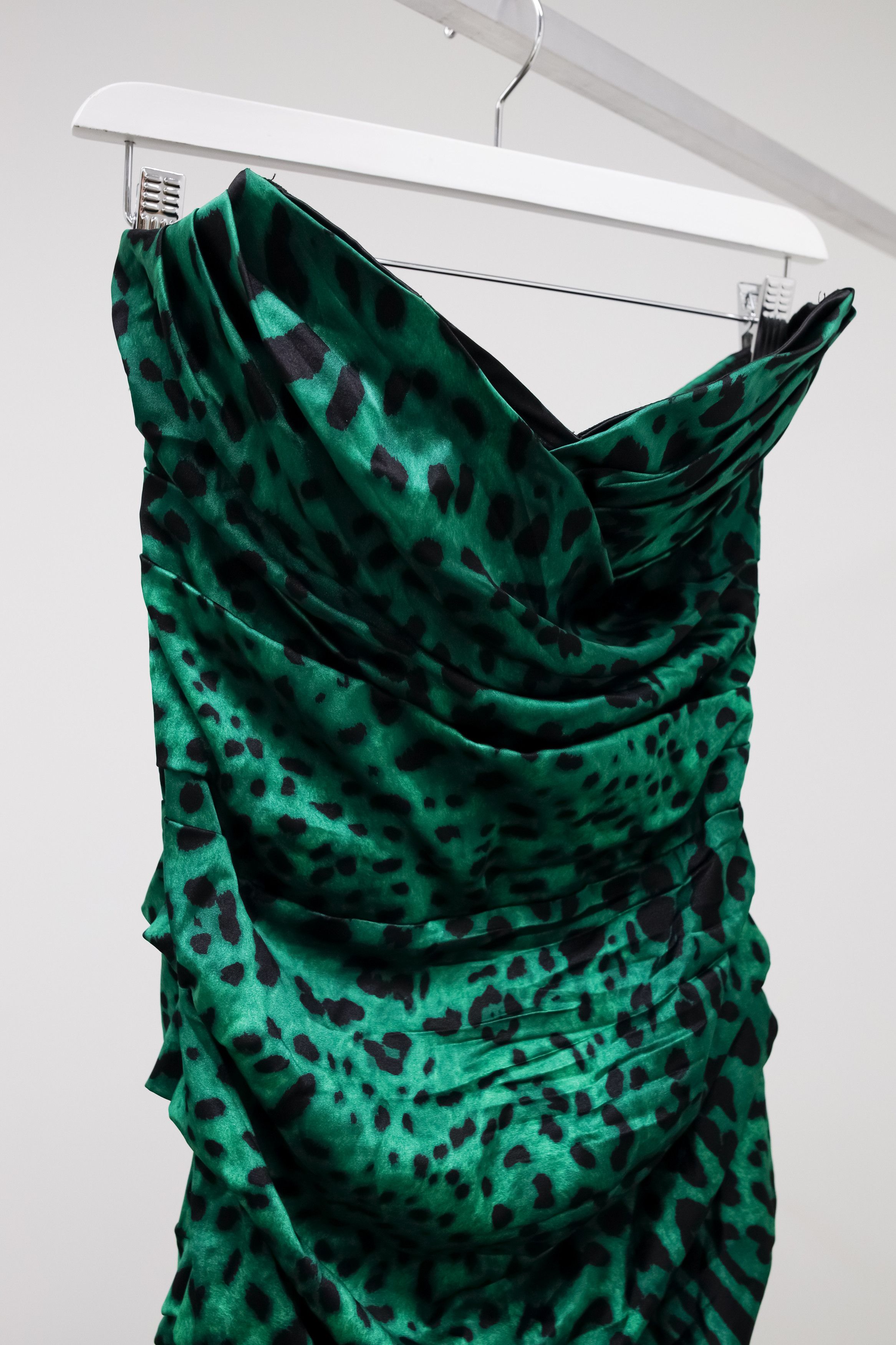 Dolce & Gabbana Ruched Emerald Leopard Strapless Dress Midi Dresses