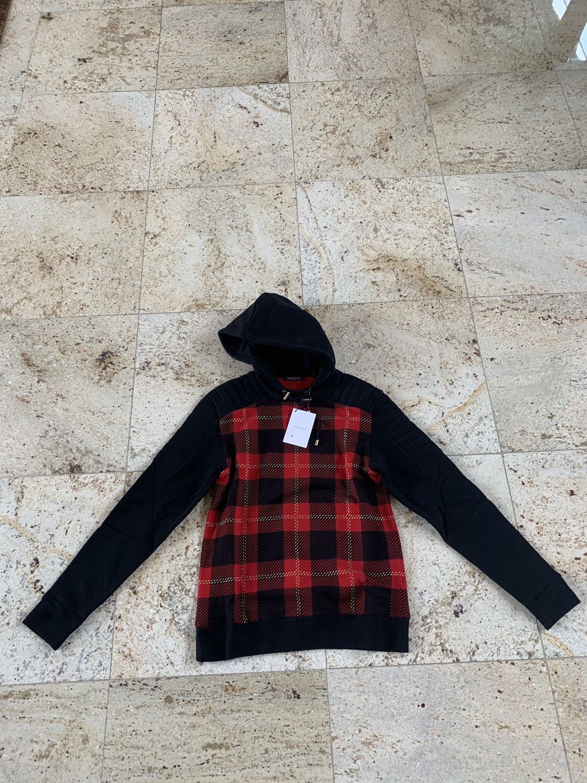 image of Balmain Black & Red Tartan Pullover Hoodie, Men's (Size Small)