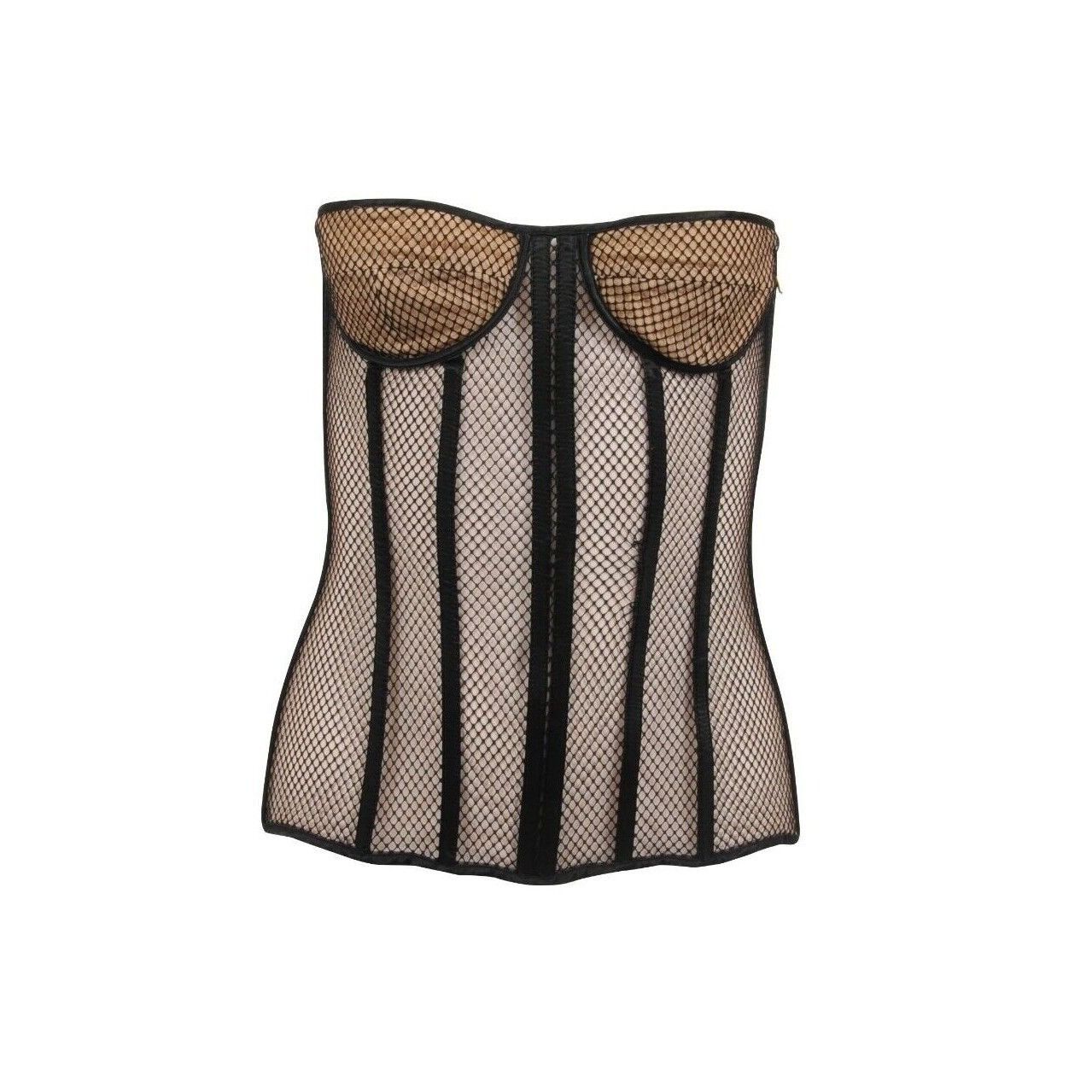 Bustier Corset Top Black Tan Mesh Side Zip Top Back