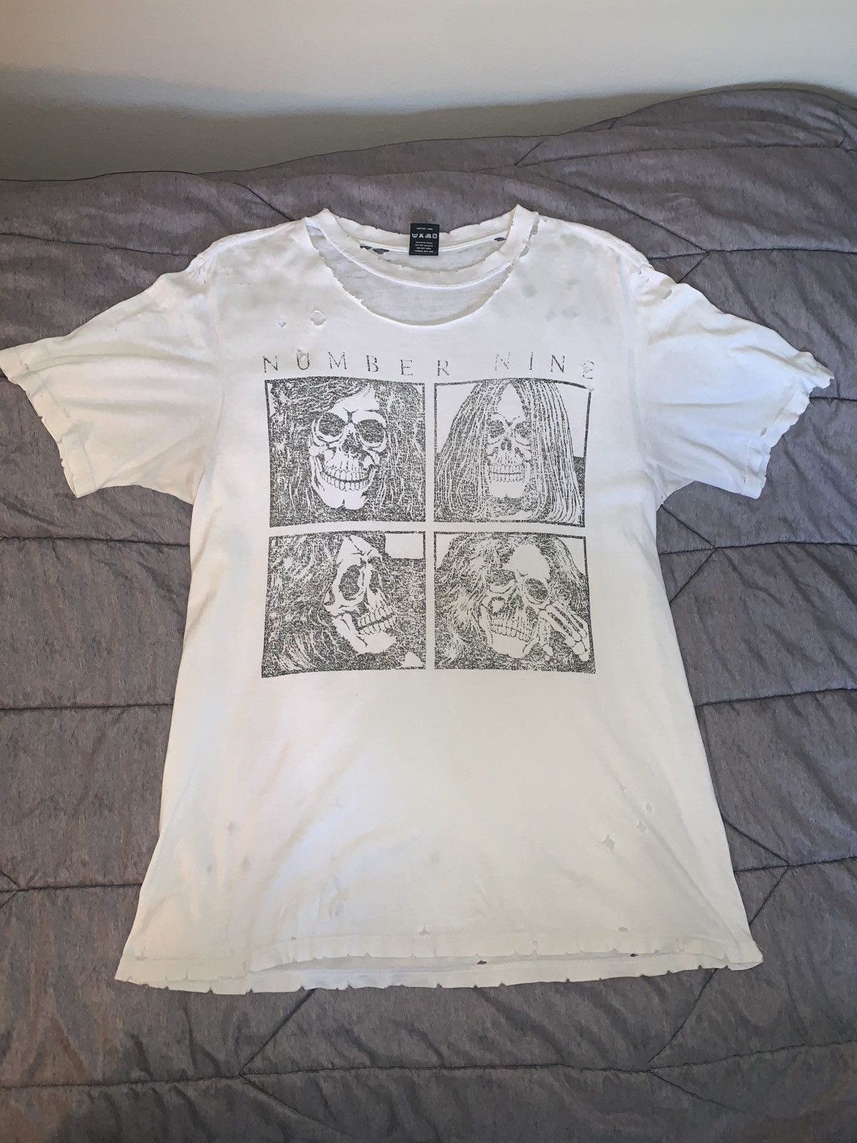 image of Band Tees x Number N Ine Number Nine Takahiro Miyashita Distressed Skull Tee in White (Size Large)