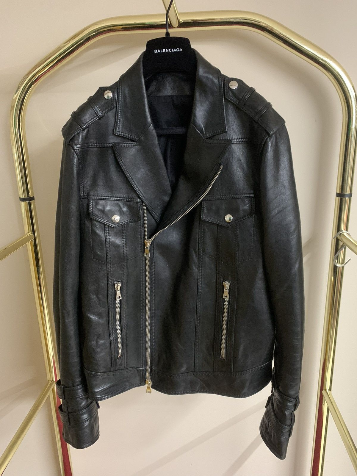 image of Balmain Iconic Leather Jacket in Black, Men's (Size Large)