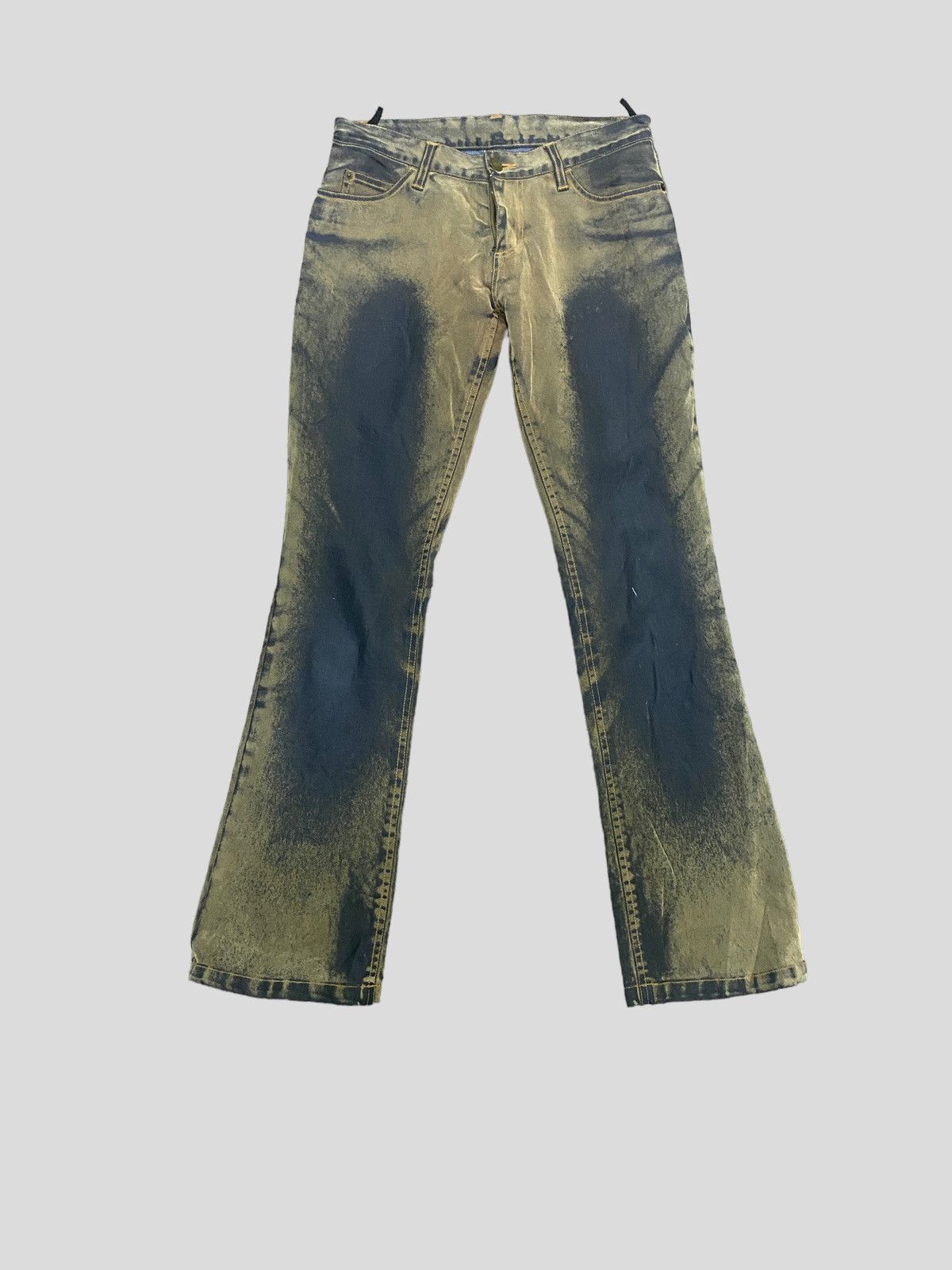 image of Designer Bvh Flared Gold Black Distressed Denim in Black Gold, Women's (Size 26)