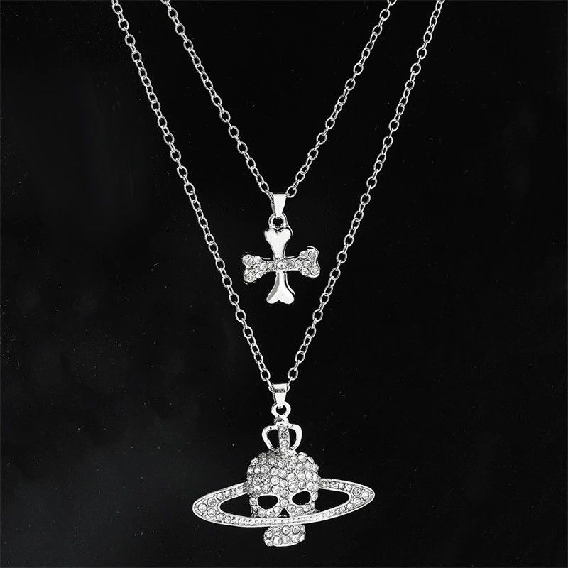 Jewelry Rhinestone Skull Cross Necklace Size ONE SIZE - 1 Thumbnail