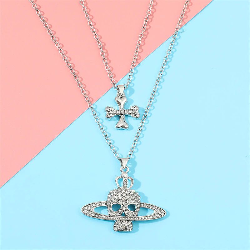 Jewelry Rhinestone Skull Cross Necklace Size ONE SIZE - 3 Thumbnail
