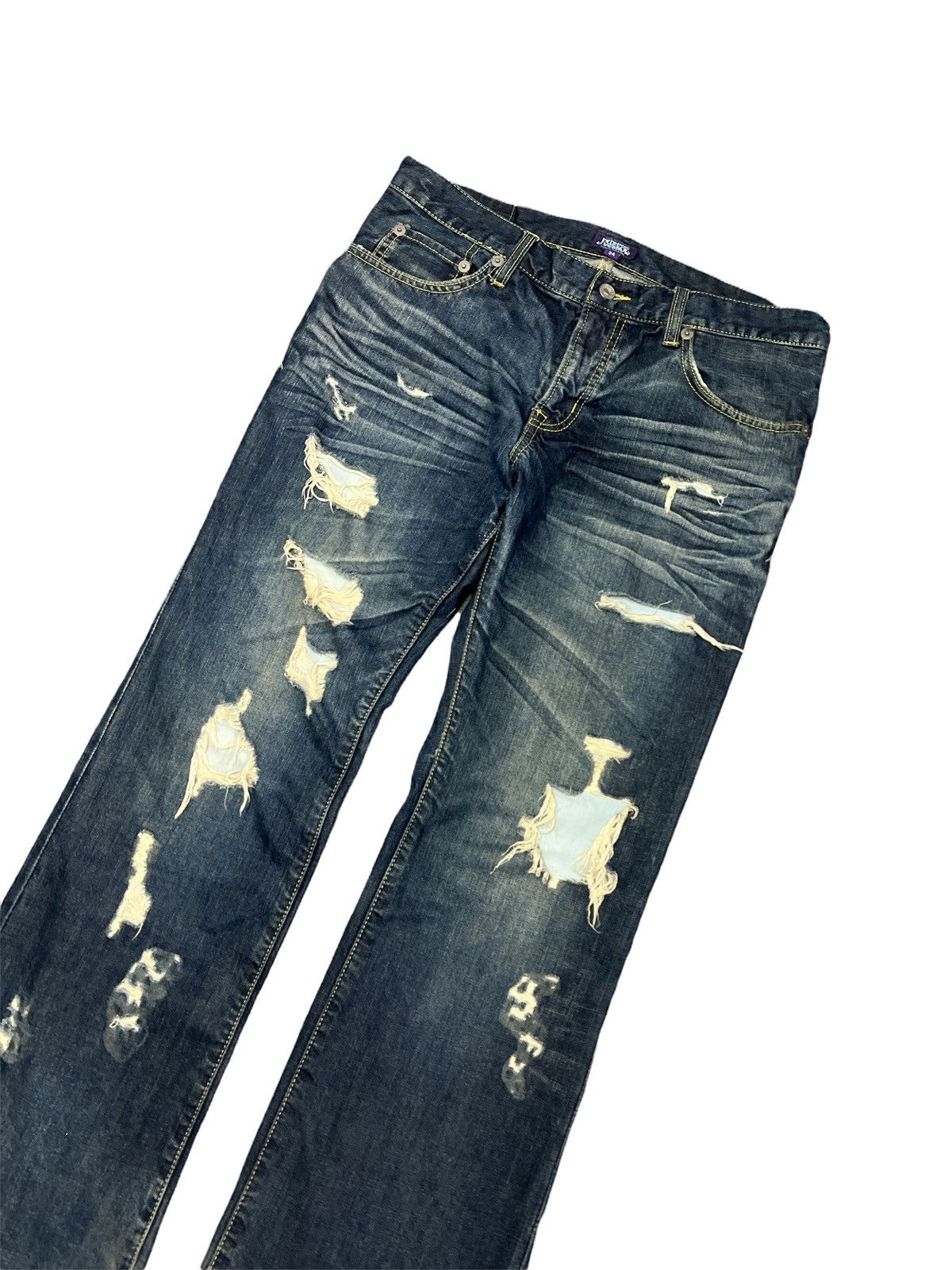 Japanese Brand THRASHED RIPPED FLARED DENIM PURPLE YELLOW Size US 34 / EU 50 - 4 Thumbnail