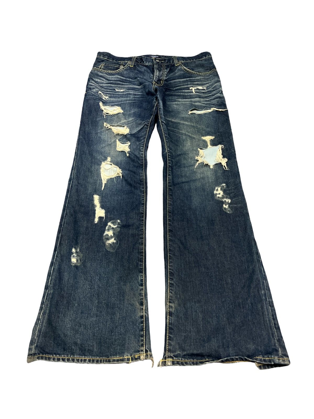 Japanese Brand THRASHED RIPPED FLARED DENIM PURPLE YELLOW Size US 34 / EU 50 - 2 Thumbnail