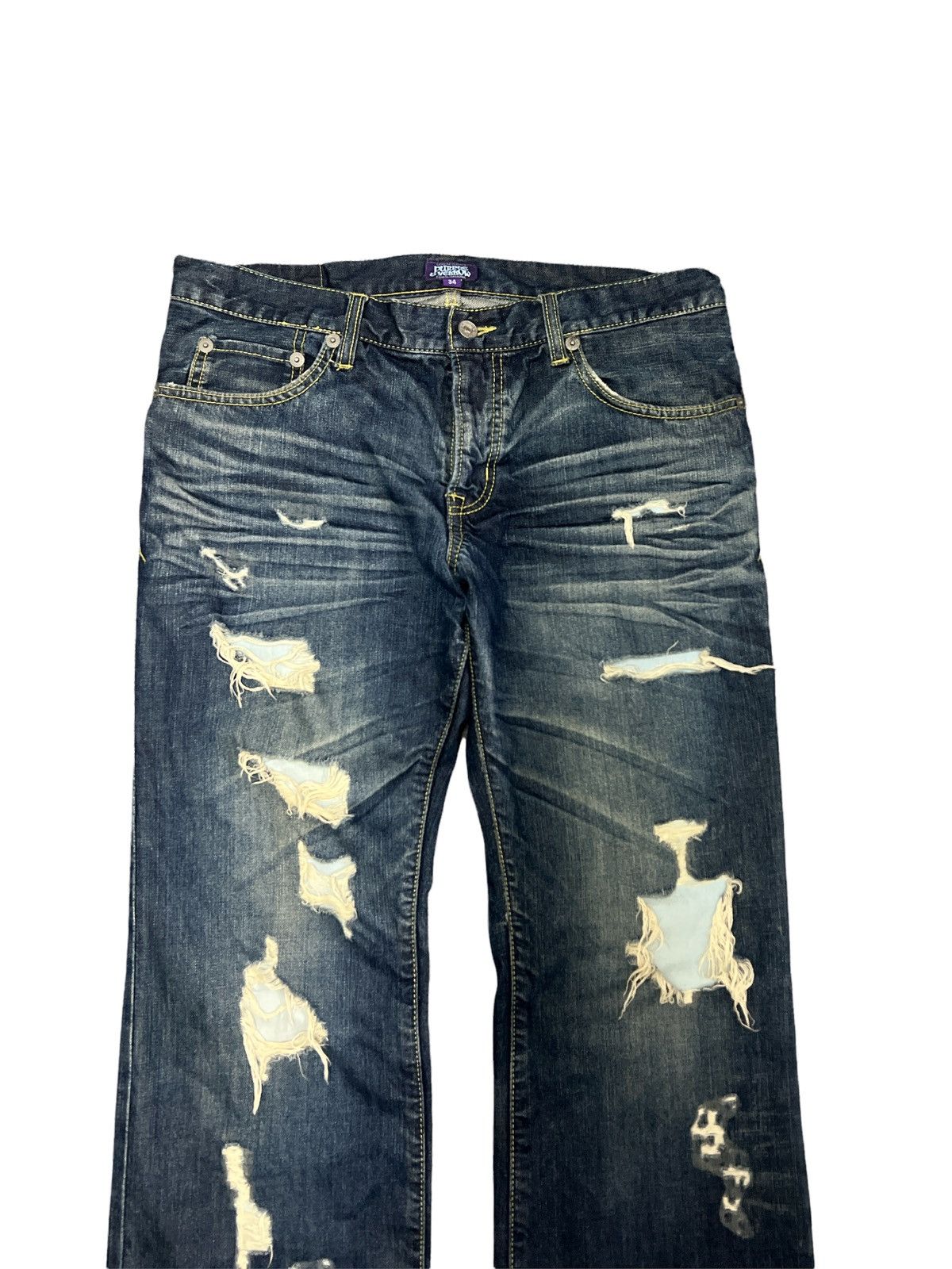 Japanese Brand THRASHED RIPPED FLARED DENIM PURPLE YELLOW Size US 34 / EU 50 - 3 Thumbnail