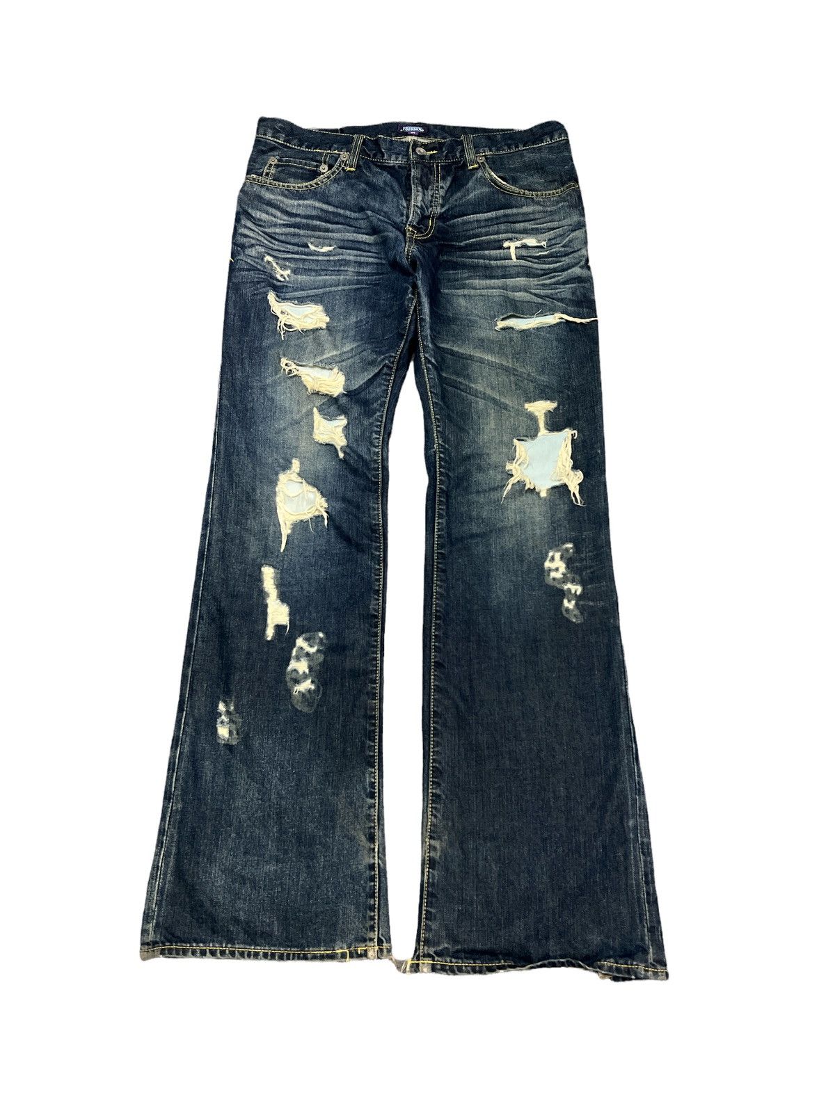 Japanese Brand THRASHED RIPPED FLARED DENIM PURPLE YELLOW Size US 34 / EU 50 - 1 Thumbnail