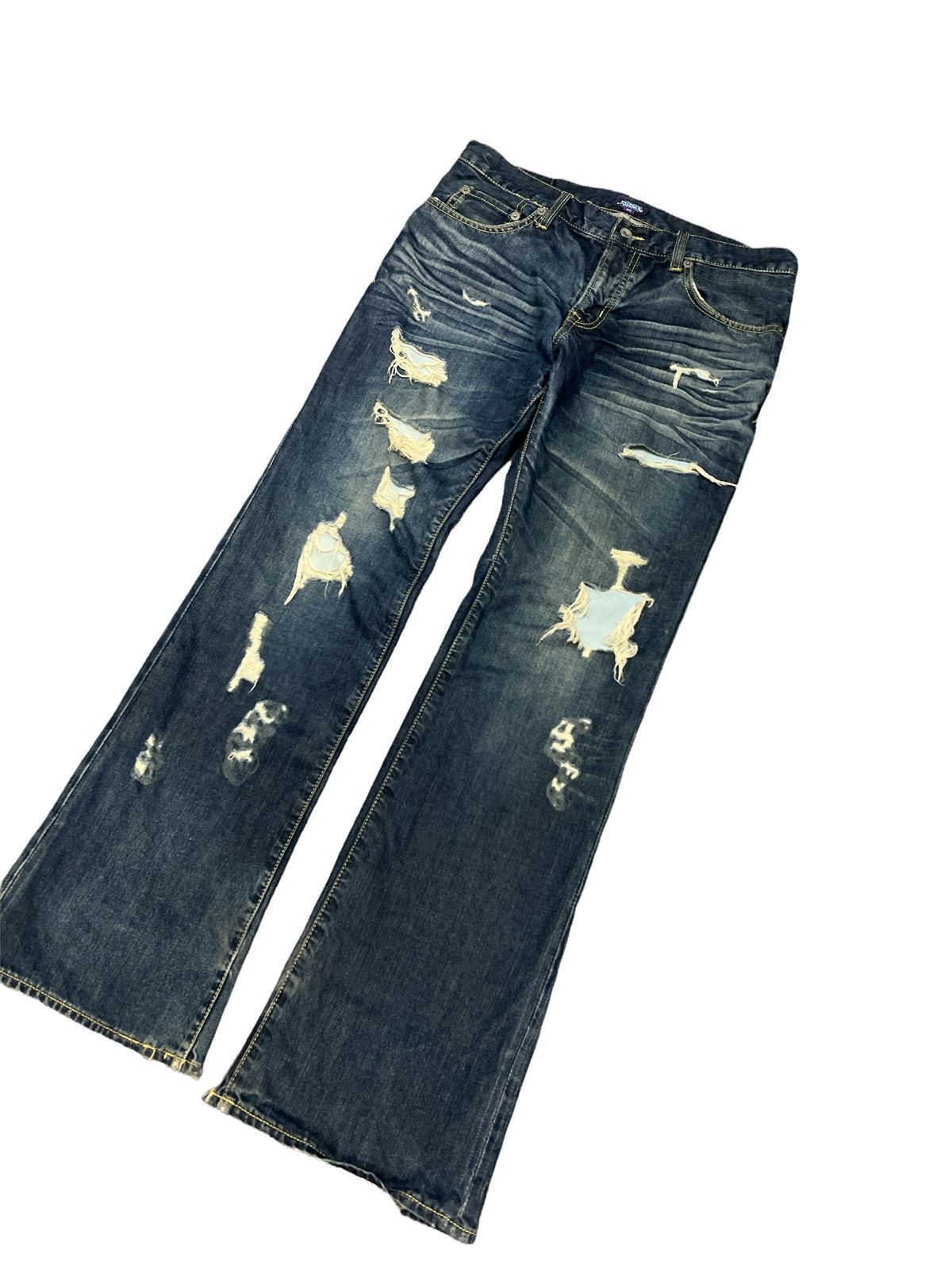 Japanese Brand THRASHED RIPPED FLARED DENIM PURPLE YELLOW Size US 34 / EU 50 - 5 Thumbnail