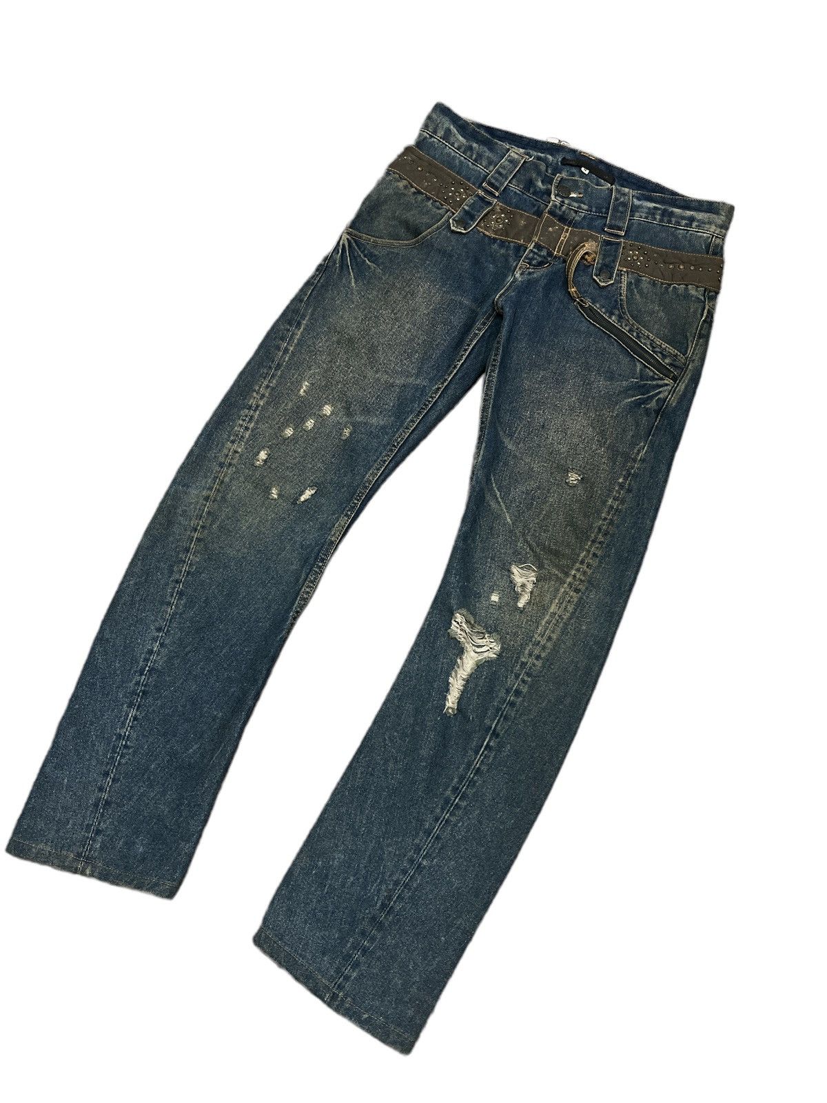 Japanese Brand × Vintage SICK💥DOUBLE WAIST EAT EYES STUDED DISTRESSED DENIM PANTS Size US 32 / EU 48 - 4 Thumbnail