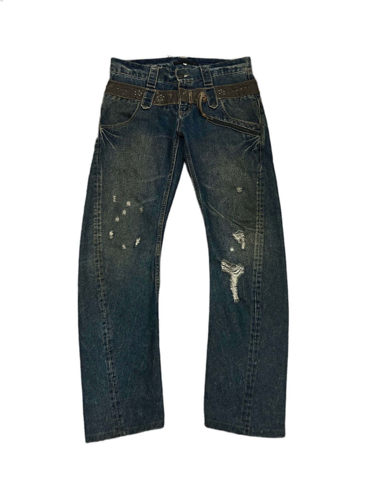 Japanese Brand × Vintage SICK💥DOUBLE WAIST EAT EYES STUDED DISTRESSED DENIM PANTS Size US 32 / EU 48 - 1 Thumbnail
