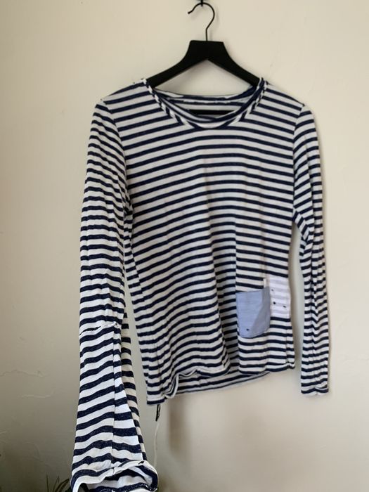 Vintage (S) Greg Lauren Blue/White Stripe Long Sleeve Wrecked Tee