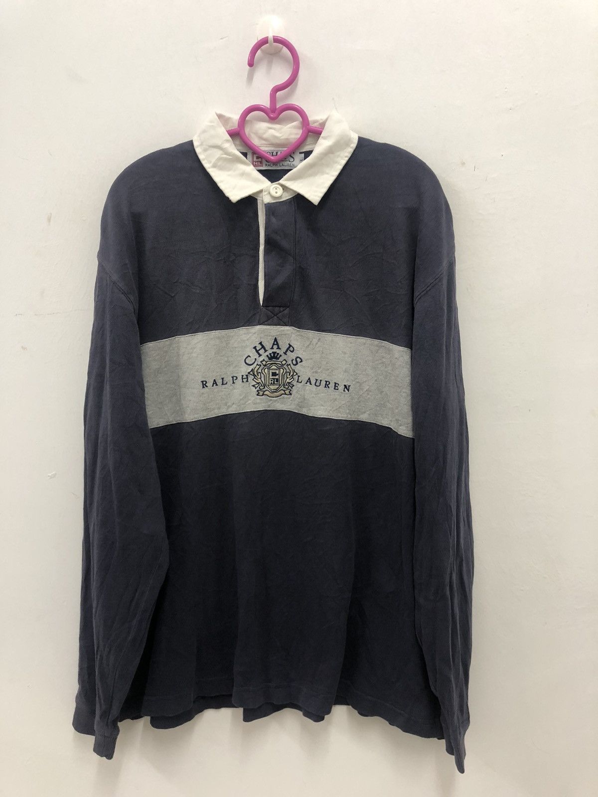 image of Vintage Chaps Ralph Laurent Spell Out Big Logo Polo Shirt in Blue Black, Men's (Size Large)