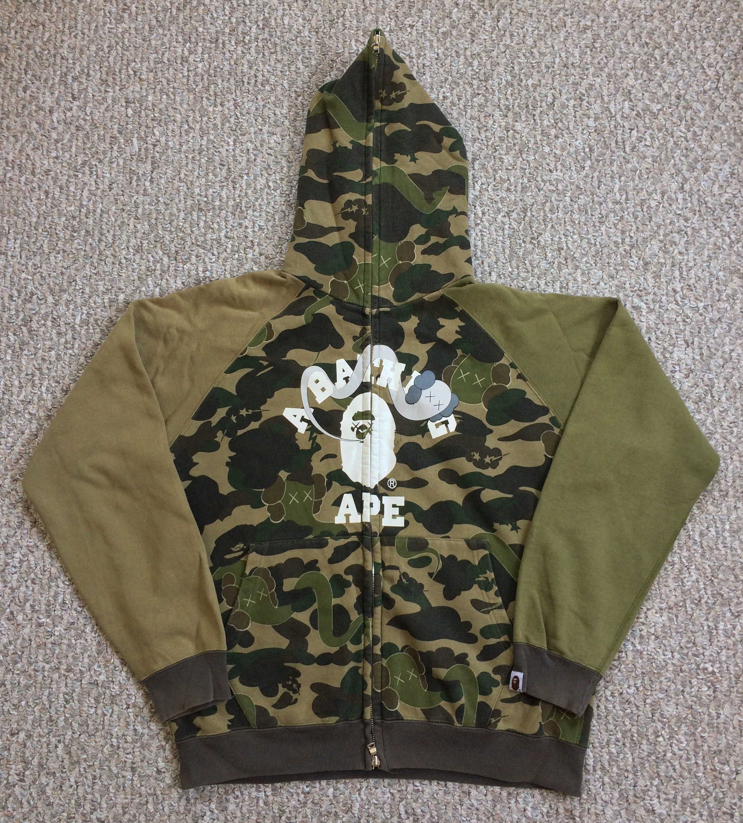 image of 2005 Bape x Kaws Crazy Camo Full Zip Hoodie in Green Camo, Men's (Size Medium)