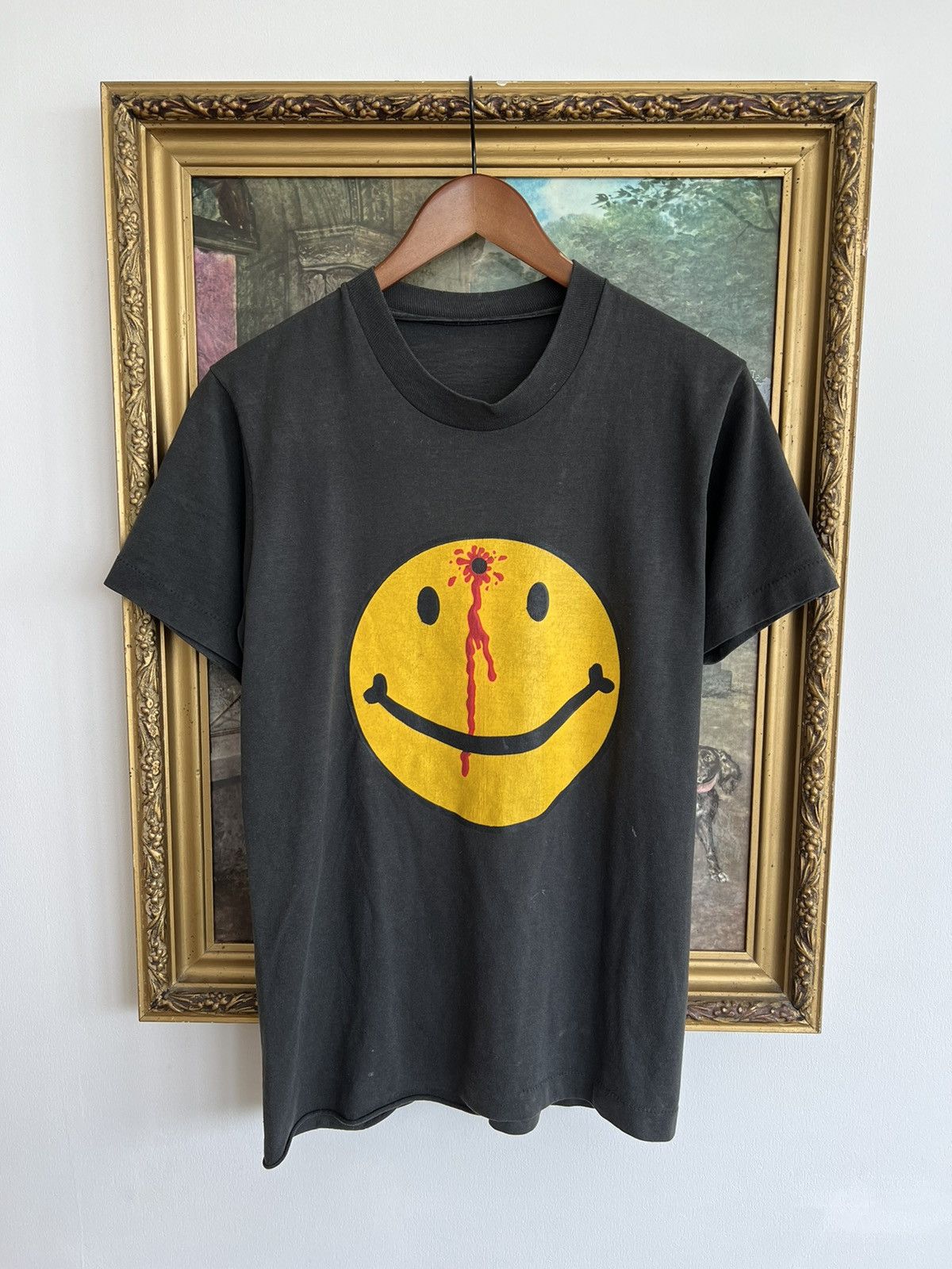 image of Art x Vintage 80's Smiley Face Dead Headshot Gunshot Black Tee, Men's (Size Small)