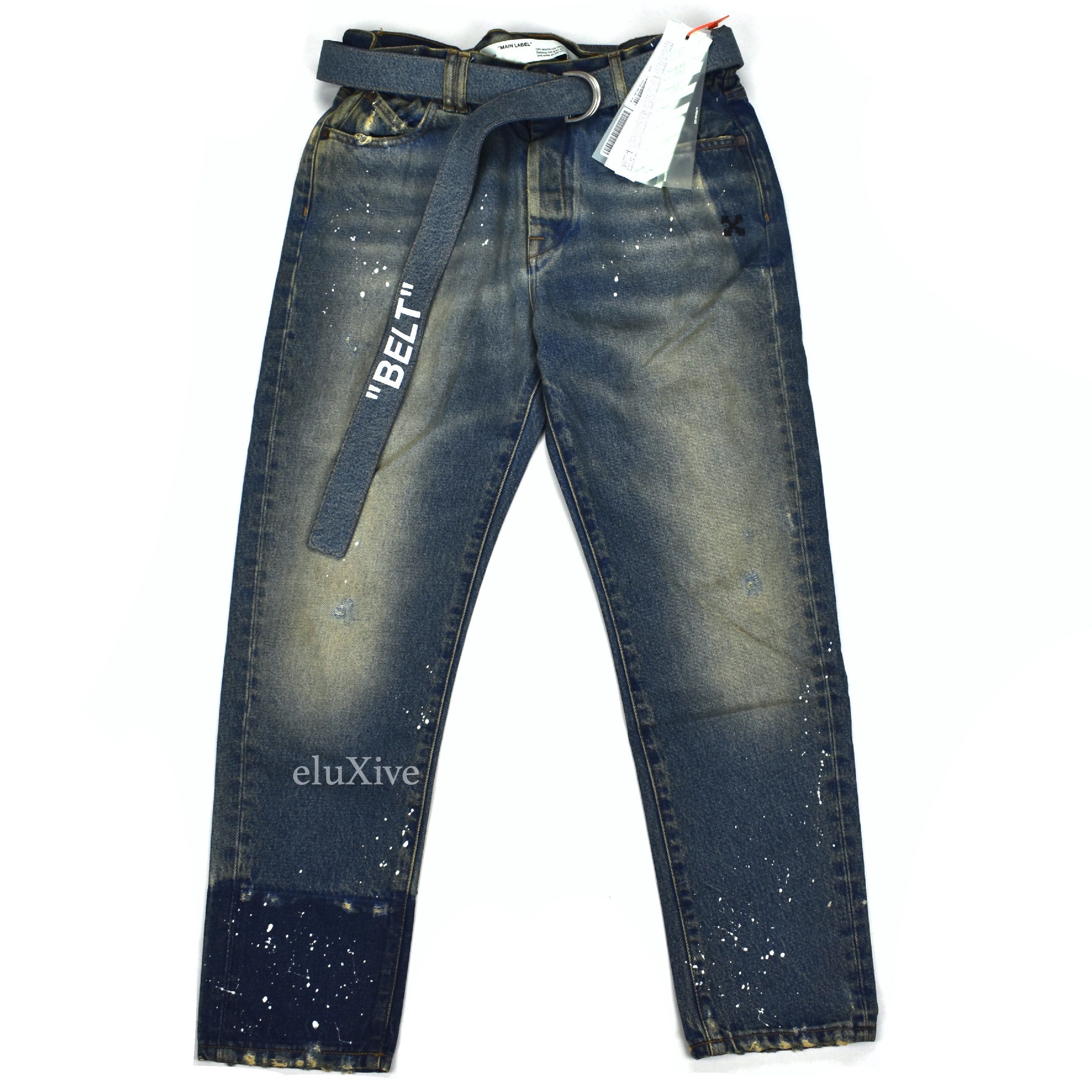 image of Off White Off-White Blue Distressed Paint Splatter Belted Denim Jeans, Men's (Size 32)