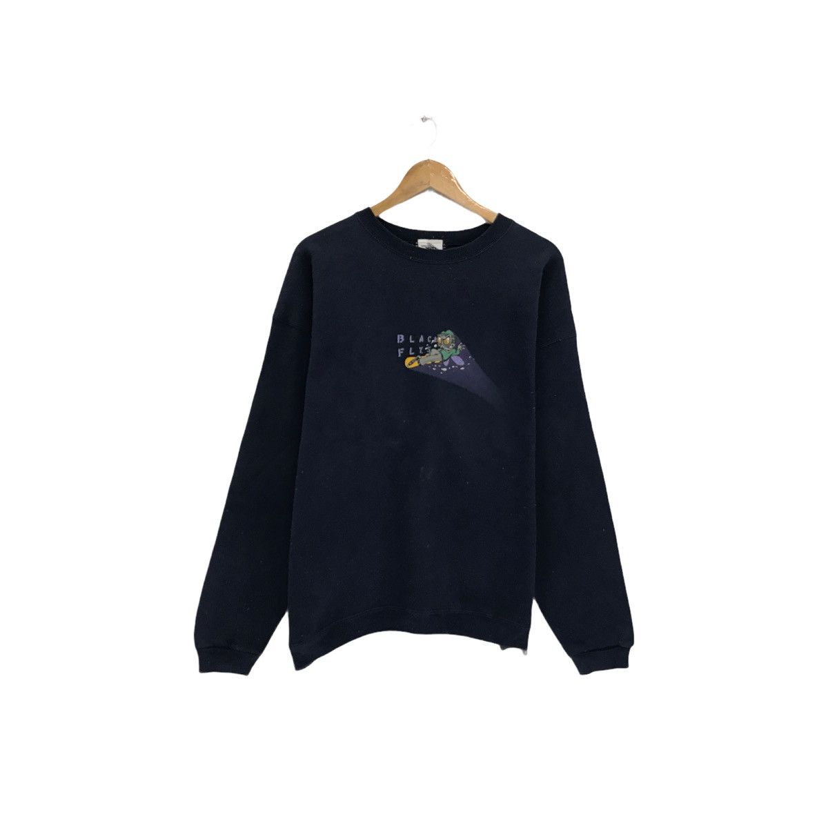 image of Vintage Black Flys Sweatshirt Pullover Jumper Skatewear in Navy, Men's (Size Large)