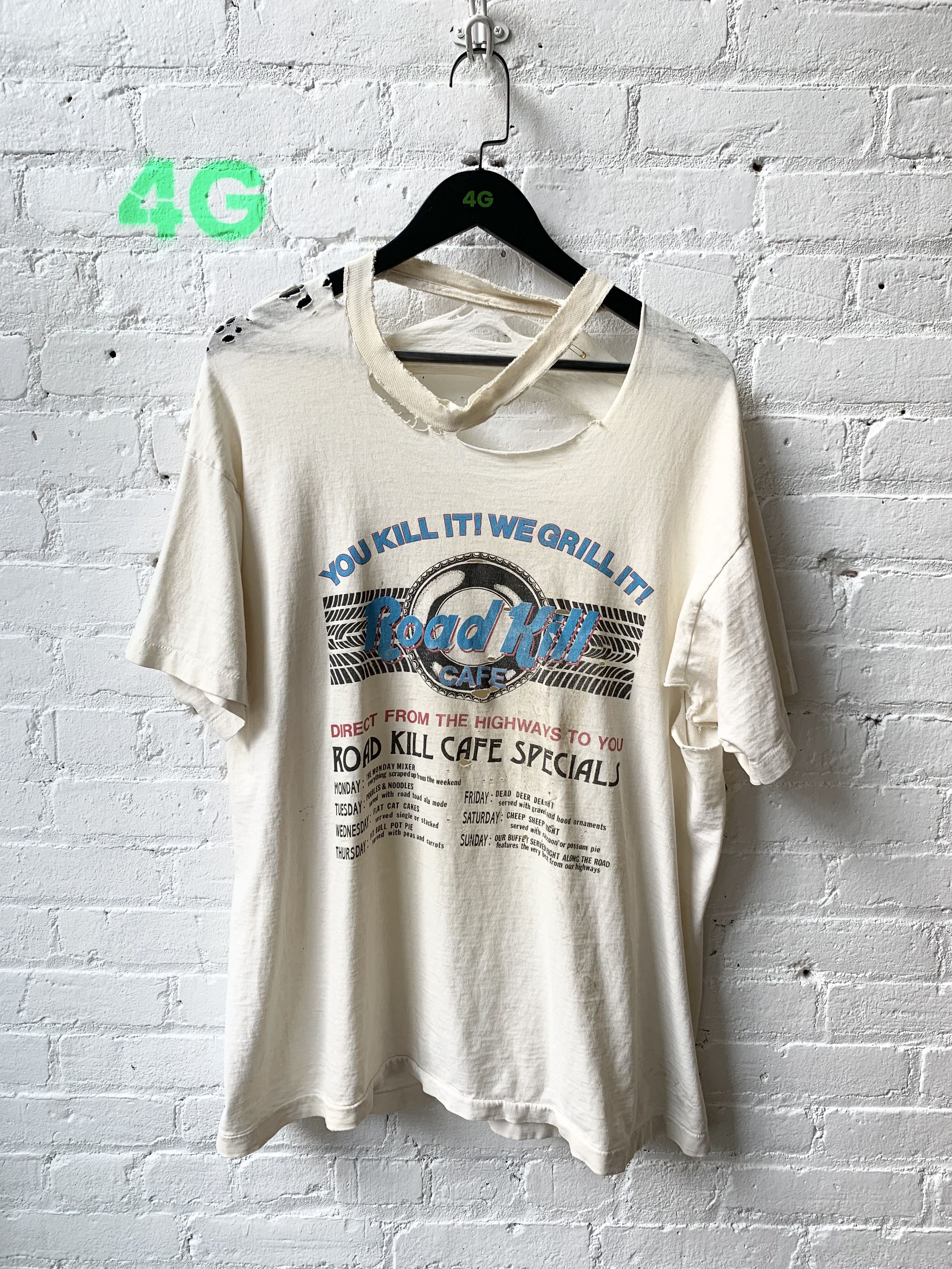 image of Vintage Thrashed Road Kill Cafe White Tee, Men's (Size 2XL)