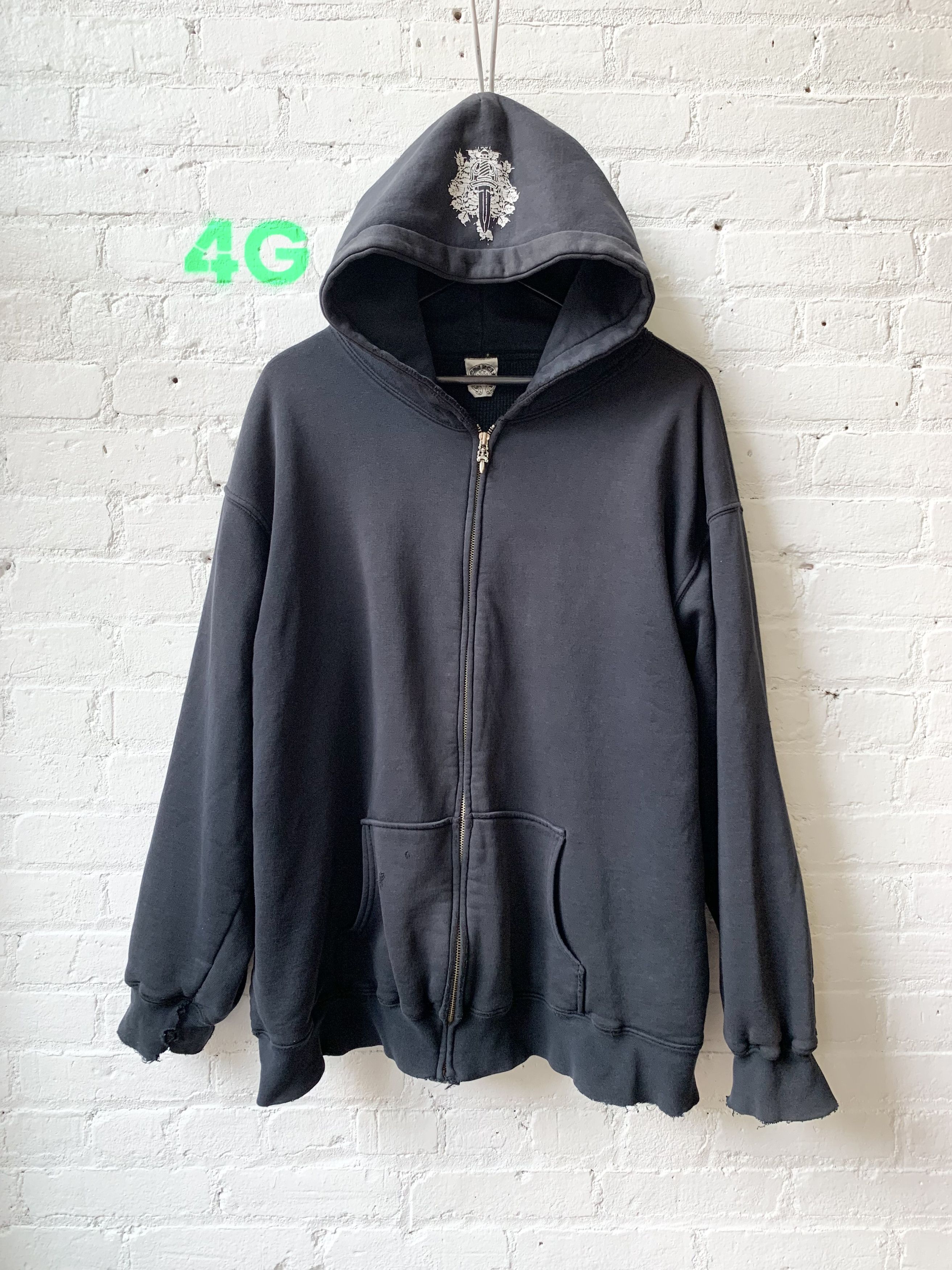 image of Chrome Hearts Vintage Thrashed OG Black Zip Hoodie Jacket, Men's (Size 2XL)