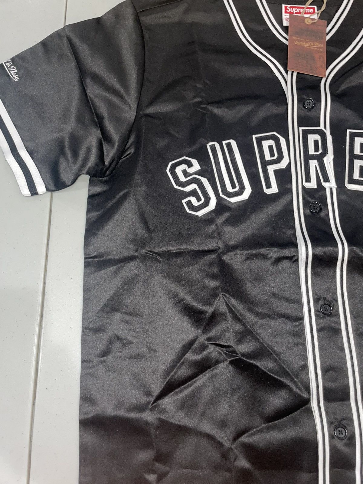 image of Mitchell Ness x Supreme Mitchell & Ness Satin Jersey in Black, Men's (Size Small)