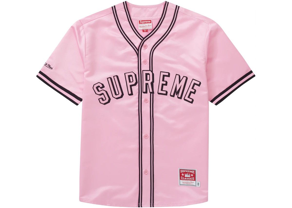 image of Mitchell Ness x Supreme Mitchell & Ness Satin Baseball Jersey in Pink, Men's (Size Small)