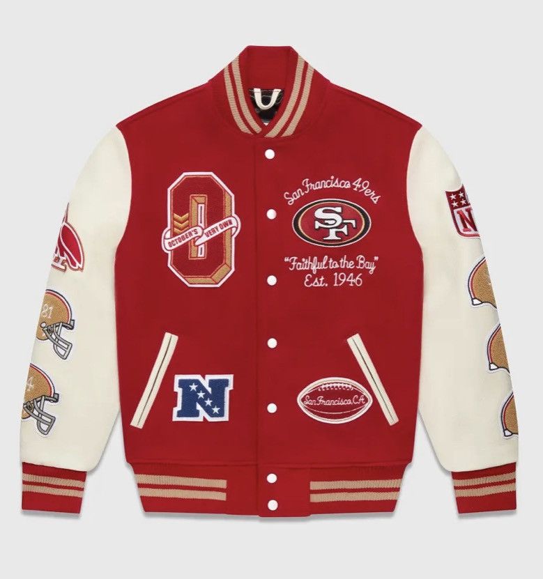 image of 3Xl Ovo X Nfl X San Francisco 49Ers Varsity Jacket in Red, Men's (Size 2XL)