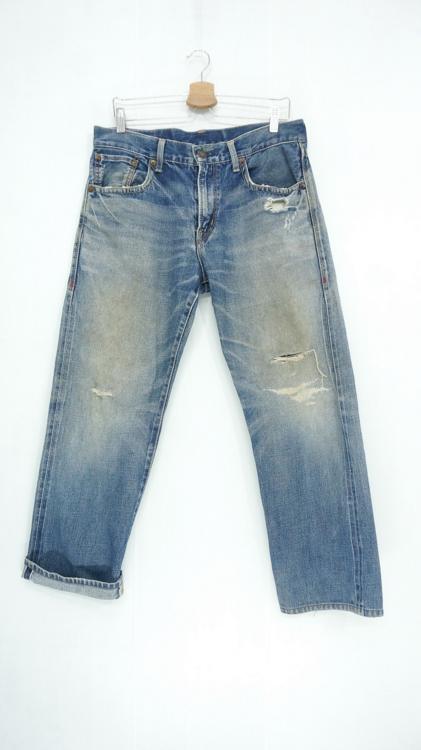image of Distressed Denim x Edwin VTG Edwin 13Oz Grand Blue Selvedge Worn Out Aging Denim in Blue Denim (Siz