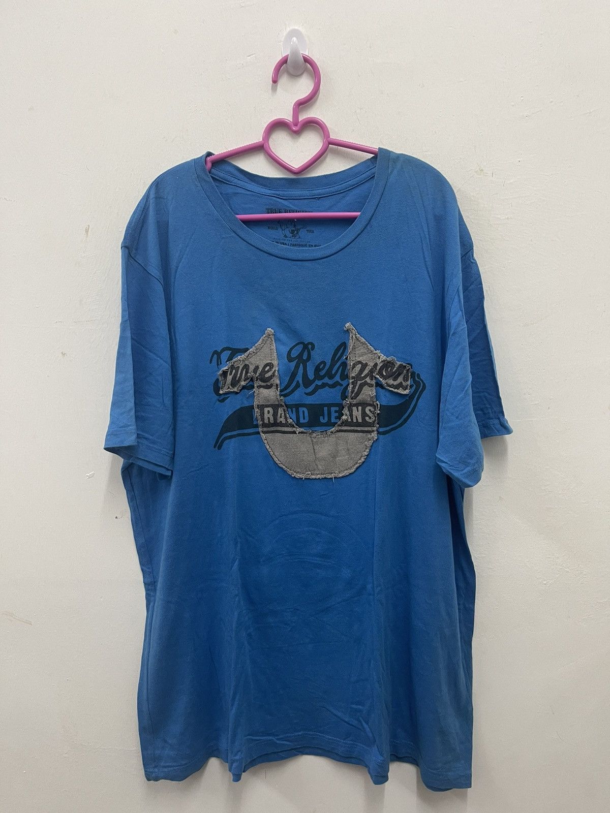 image of Made In USA True Religion Spell Out Big Logo Shirt in Blue, Men's (Size XL)