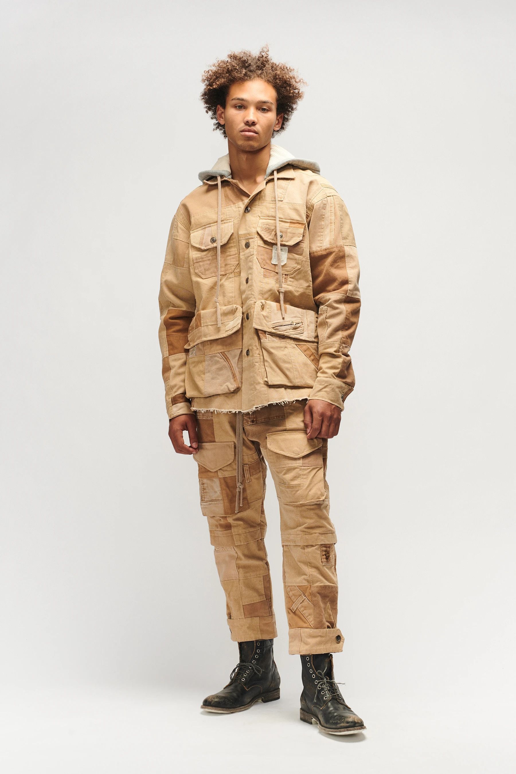 Greg Lauren $3750 GREG LAUREN Tan Work Canvas Scrapwork Hooded Jacket Size US XXL / EU 58 / 5 - 5 Thumbnail