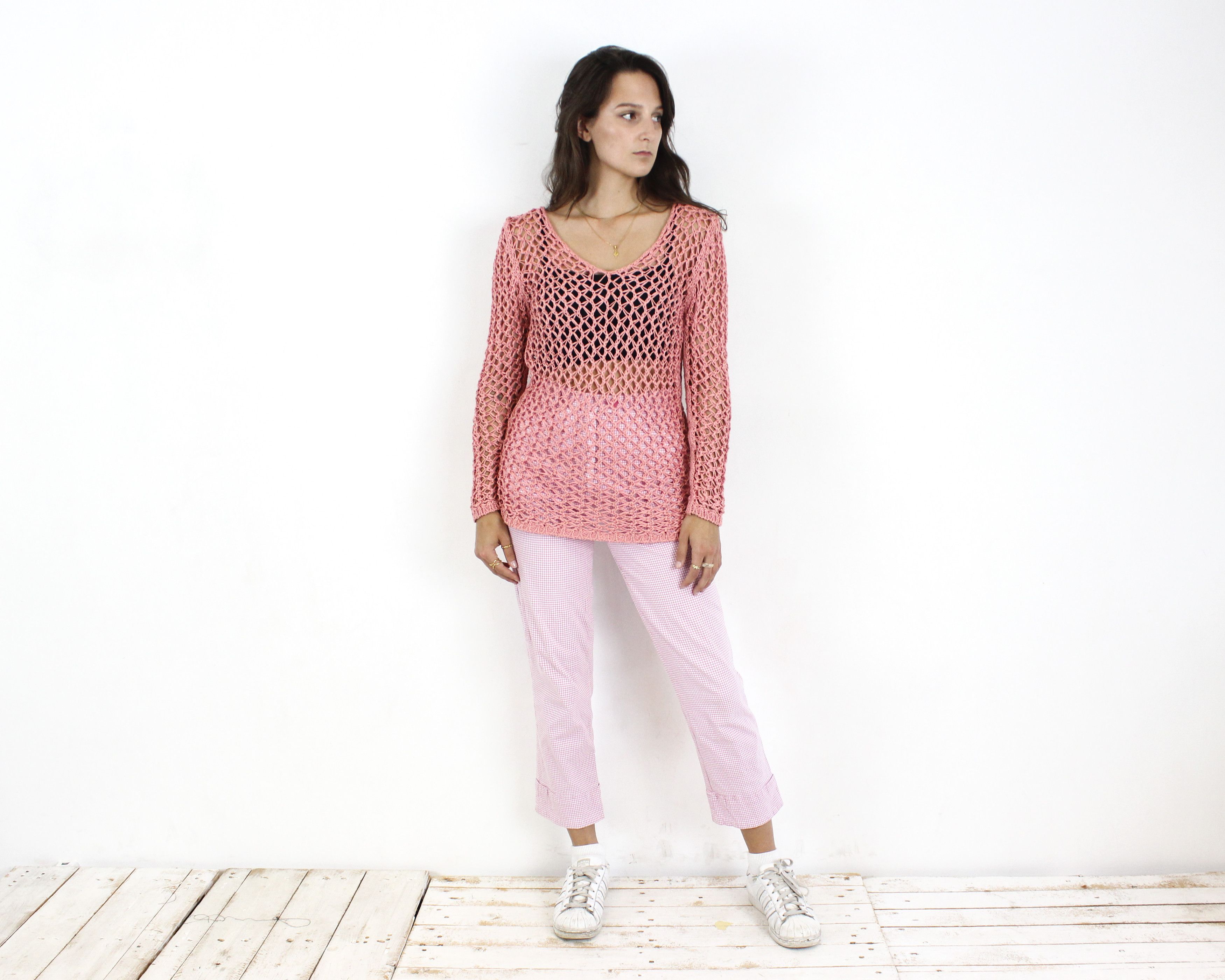 Vintage XS S Crochet Knit Top Tee Shirt See Through Blouse Pullover Size S / US 4 / IT 40 - 1 Thumbnail