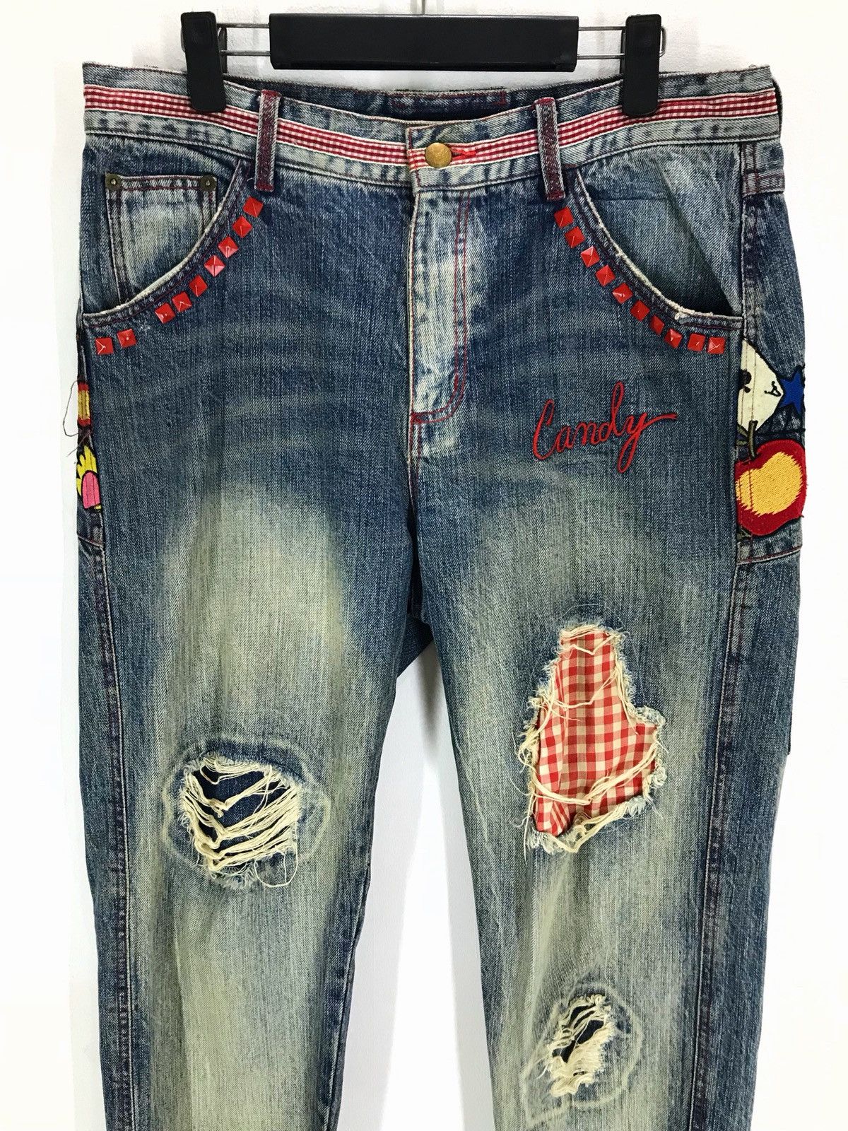 Hysteric Glamour Japanese Brand Embroidered Skull Flower Distressed Denim Size US 33 - 7 Thumbnail