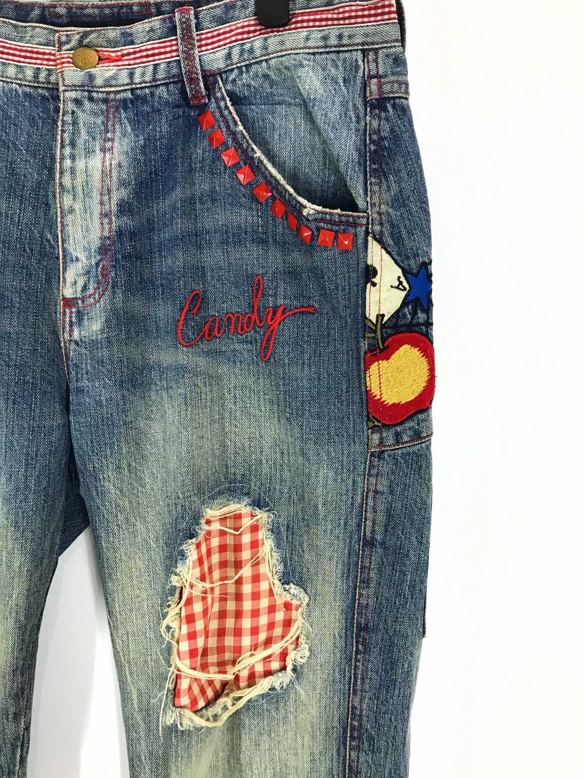 Hysteric Glamour Japanese Brand Embroidered Skull Flower Distressed Denim Size US 33 - 9 Thumbnail