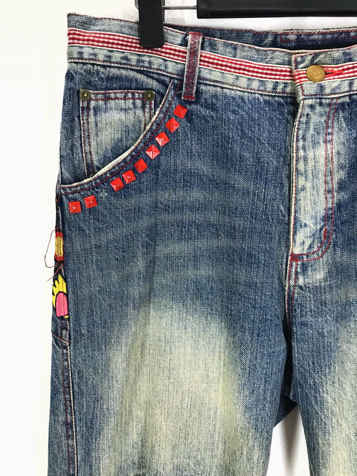 Hysteric Glamour Japanese Brand Embroidered Skull Flower Distressed Denim Size US 33 - 8 Thumbnail