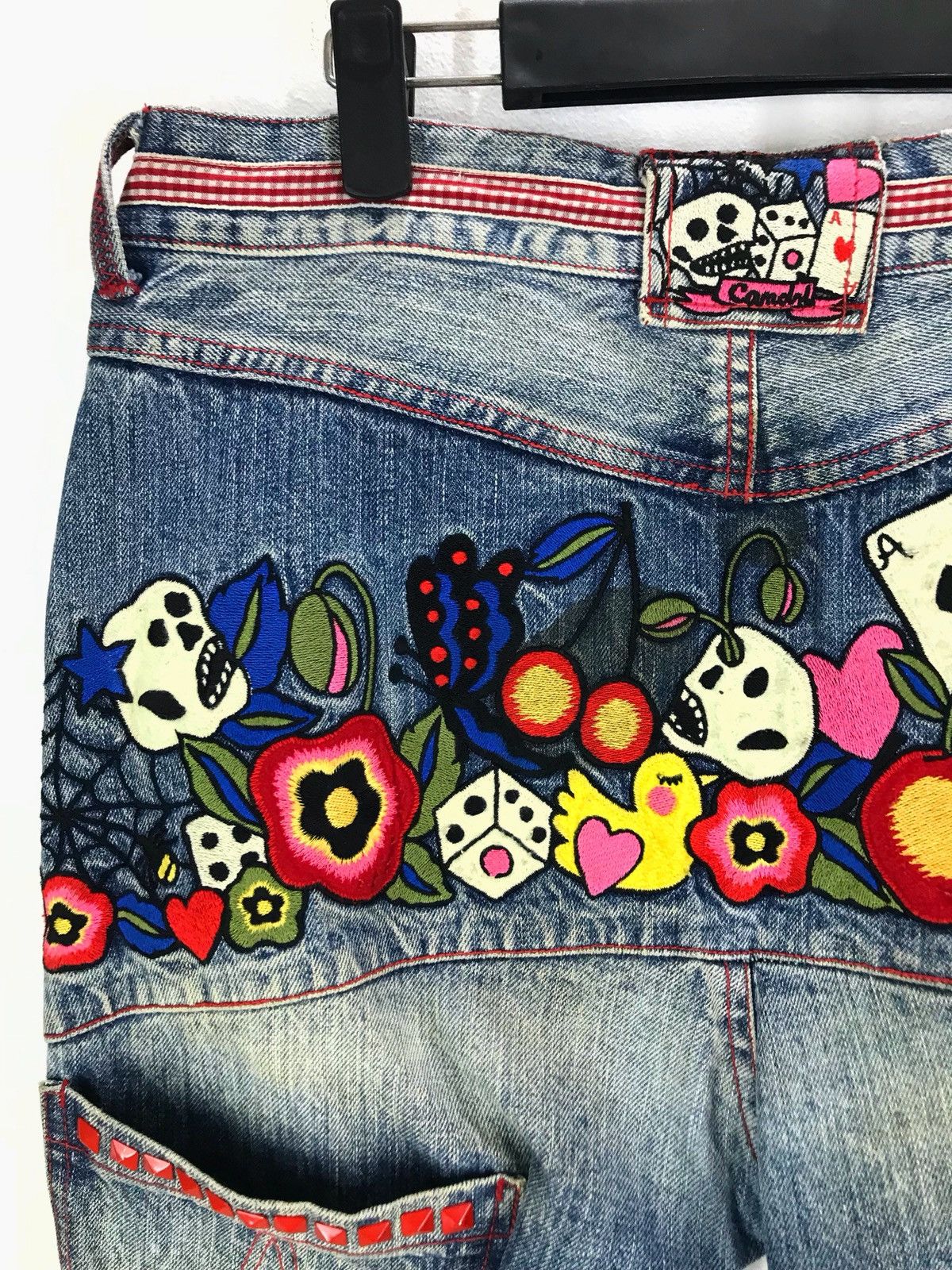 Hysteric Glamour Japanese Brand Embroidered Skull Flower Distressed Denim Size US 33 - 4 Thumbnail