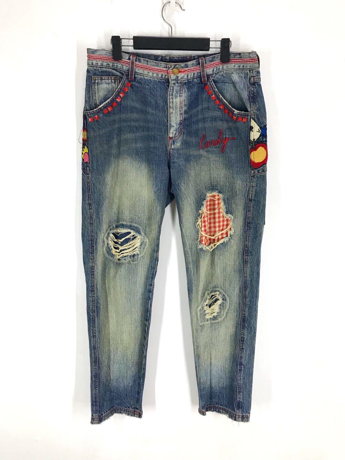 Hysteric Glamour Japanese Brand Embroidered Skull Flower Distressed Denim Size US 33 - 6 Thumbnail