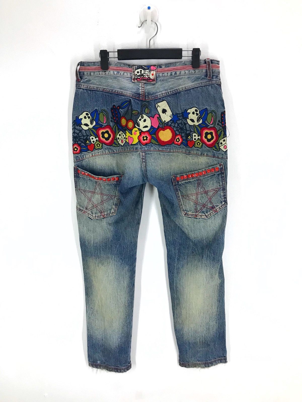 Hysteric Glamour Japanese Brand Embroidered Skull Flower Distressed Denim Size US 33 - 2 Thumbnail