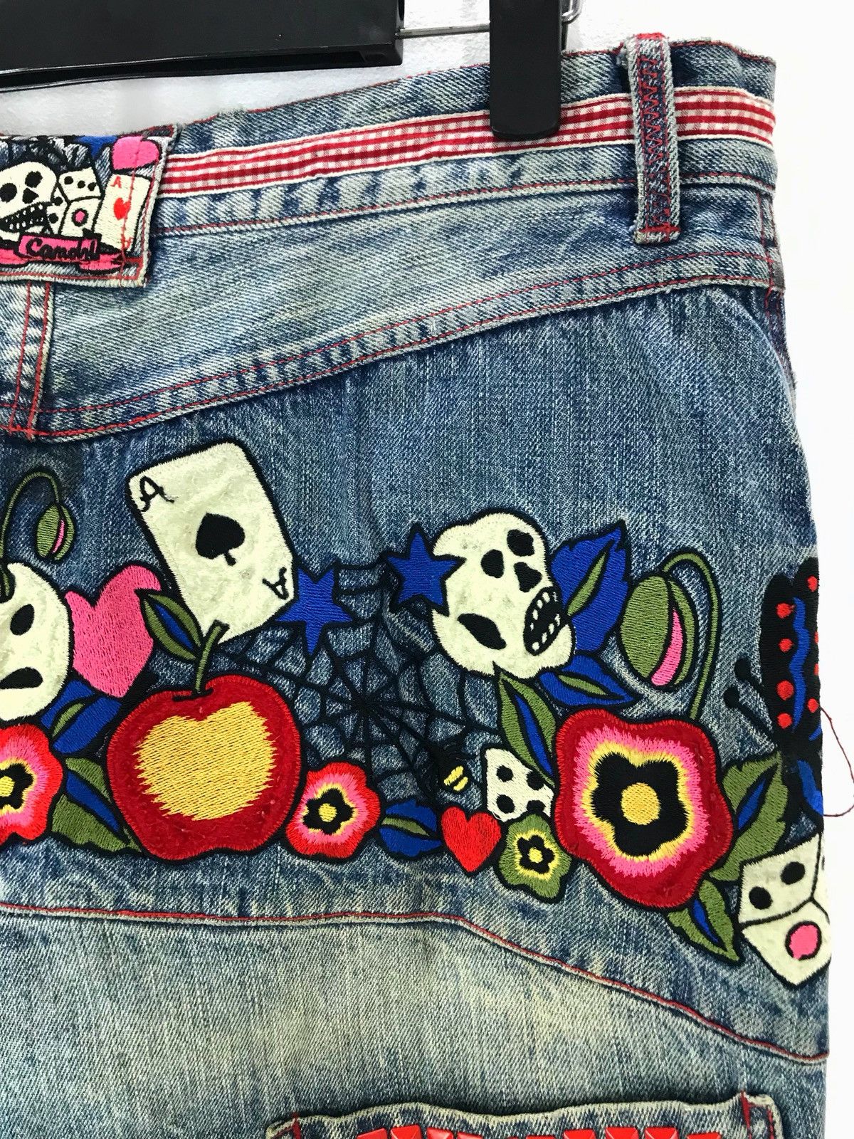 Hysteric Glamour Japanese Brand Embroidered Skull Flower Distressed Denim Size US 33 - 3 Thumbnail