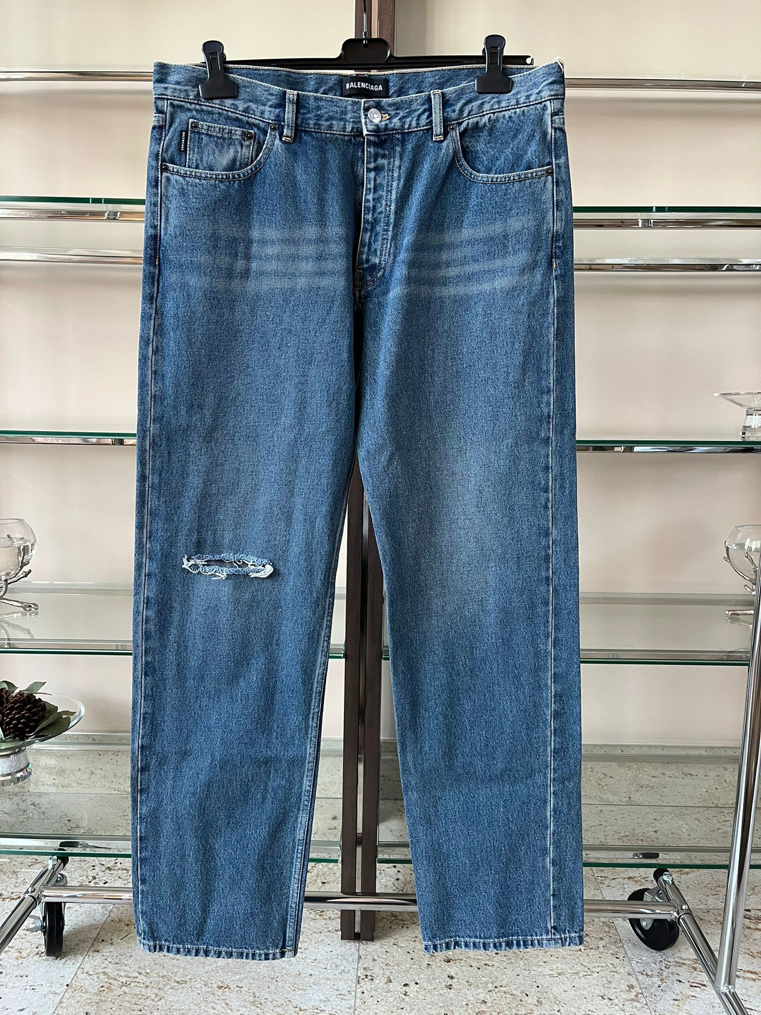 Distressed Knee Slit Archetype Denim in Blue