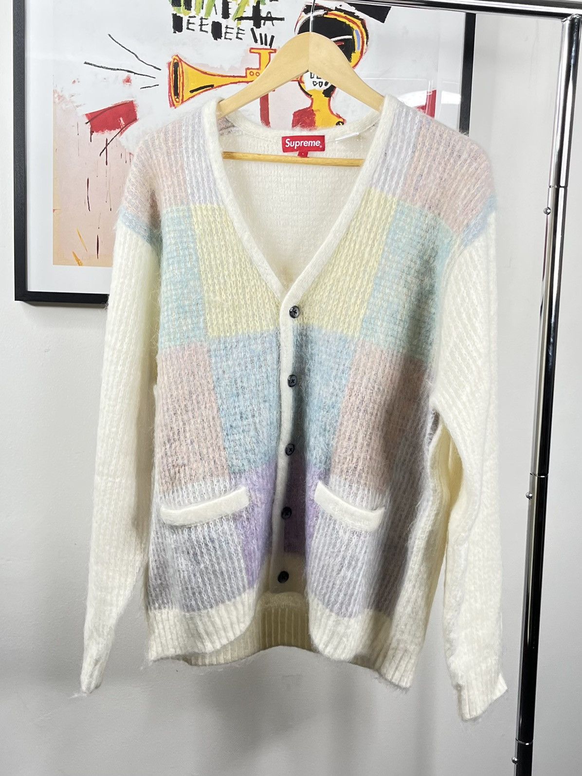 image of Supreme Ss22 Brushed Grid White Cardigan, Men's (Size Large)