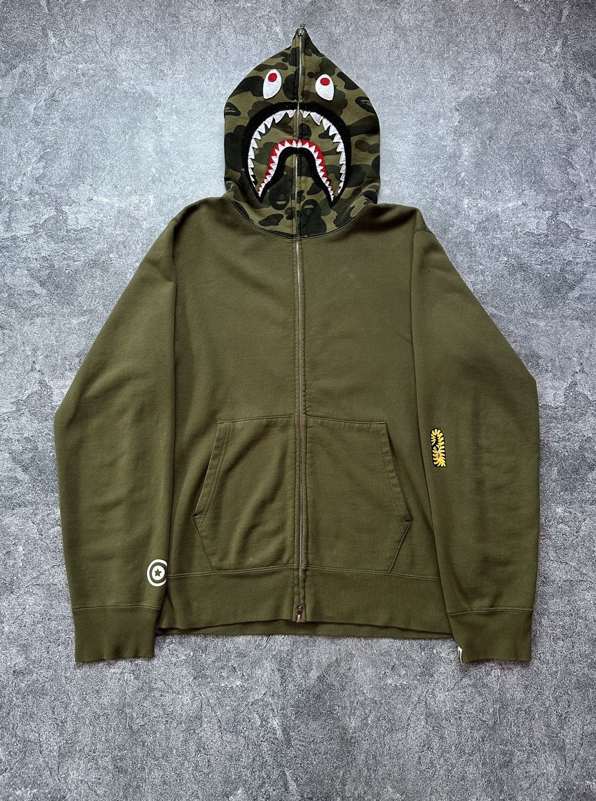 image of Bape 1St Camo Ponr Shark Full Zip Hoodie in Green, Men's (Size XL)